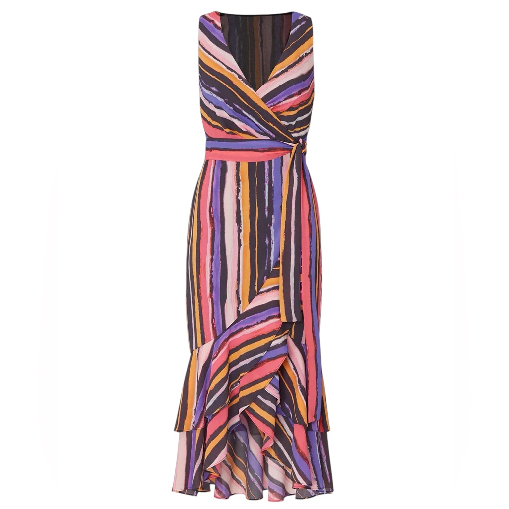 Great Jones Vibrant Orchid Purple/Black Striped Ruffled Wrap Dress - Medium
